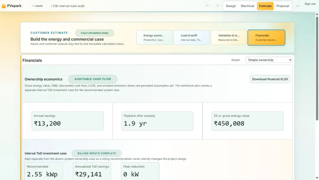 PVspark savings estimates with system costs and electricity-rate inputs