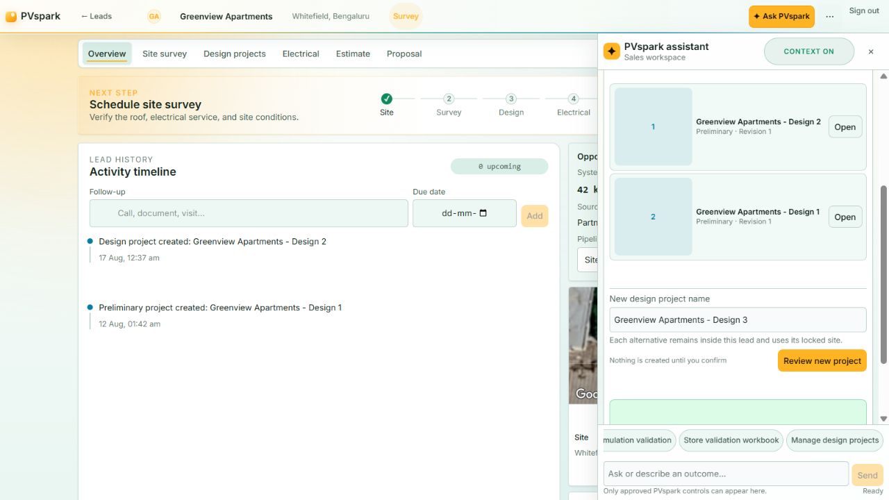 PVspark project workspace showing a solar project timeline, workflow stages, and guided assistant