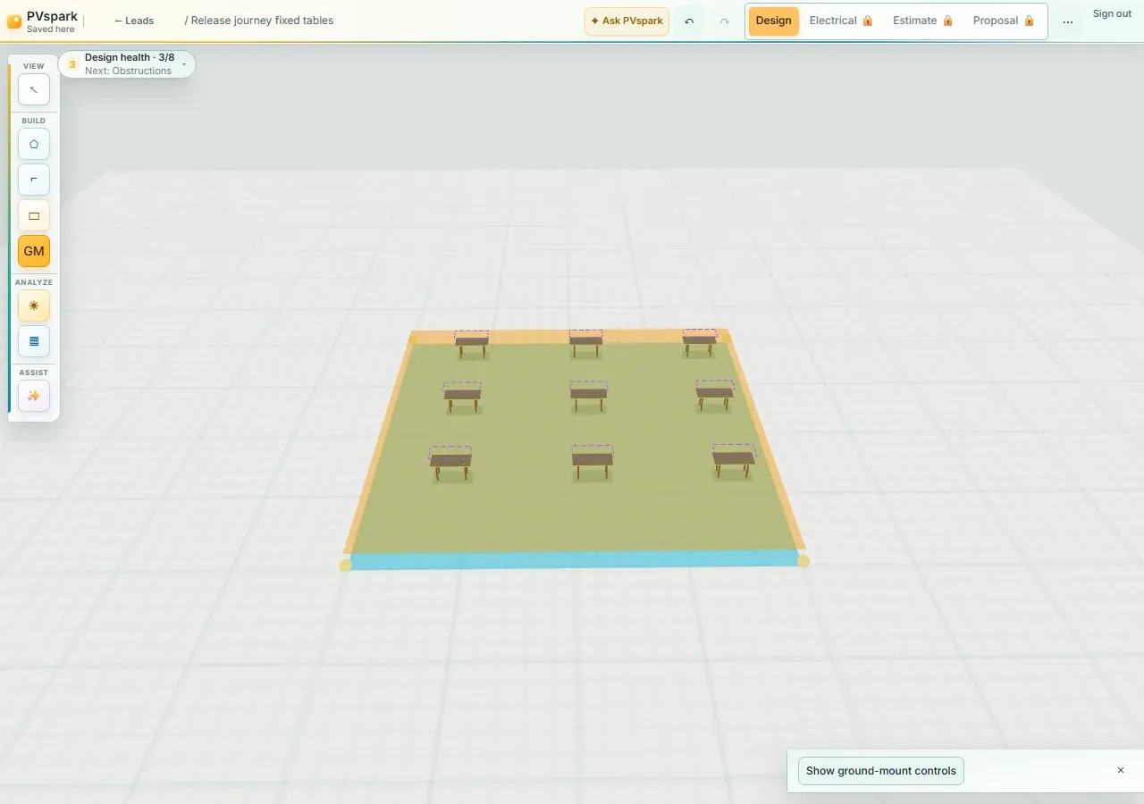 PVspark 3D view of a synthetic nine-table site with existing and proposed terrain surfaces and purple proposed table-height outlines