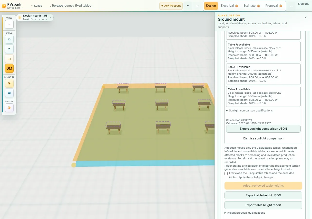 Synthetic nine-table PVspark study showing a table-height review checkbox, eligible changes and report export controls before adoption