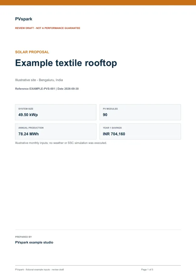 First page of a sample proposal generated by PVspark, using illustrative project inputs.