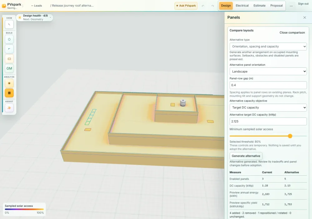 PVspark 3D rooftop design with two panel layouts to compare